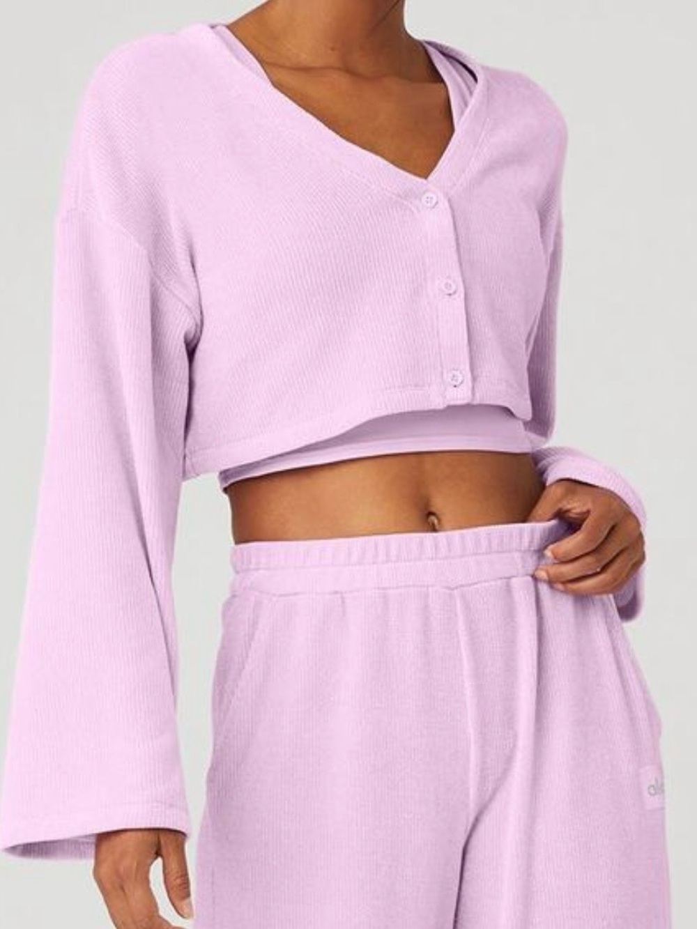 ALO Yoga Lavender Cropped Button V-Neck Cardigan Sugarplum